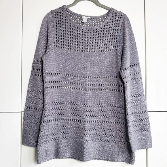 Chico’s Tunic Size 1 (Medium) Purple Metallic Open Knit Sheen Resort Evening - Picture 1 of 6